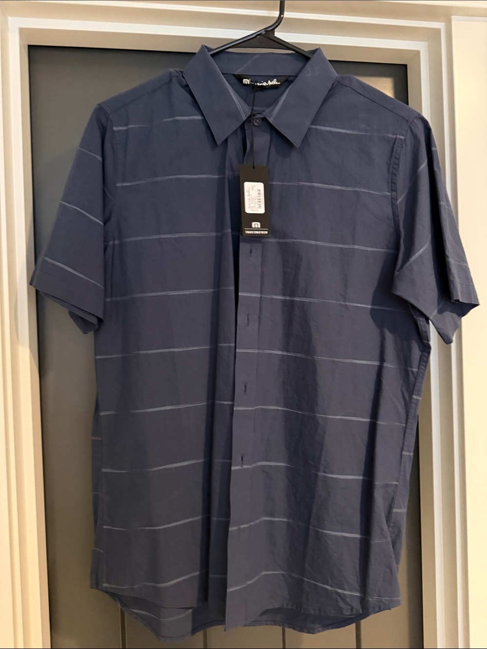 Travis Mathew Navy Short-Sleeve Button-Down with Subtle Stripes